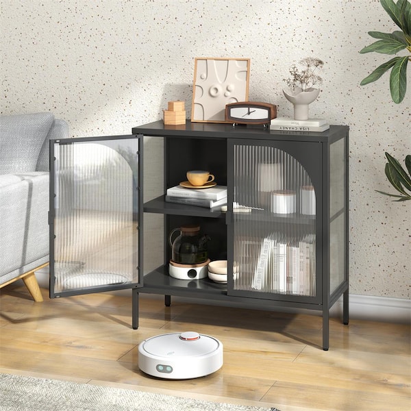Kahomvis Black 31.5 in. H 2 Glass Door Accent Storage Cabinet with Adjustable Shelves