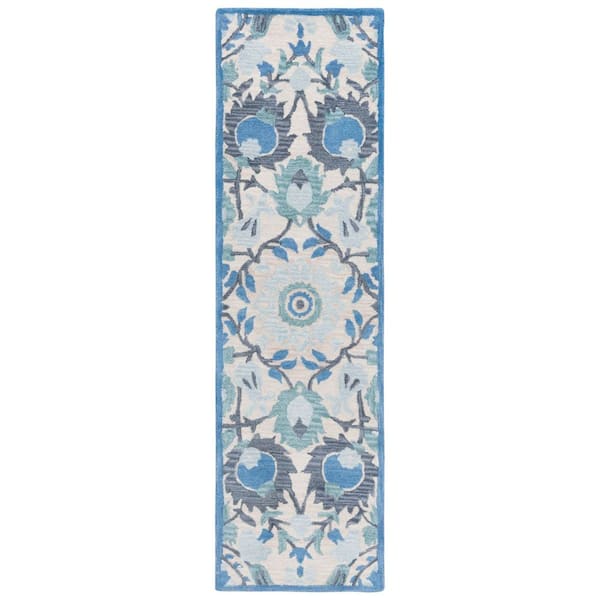 Antiquity 2 ft. x 8 ft. Ivory/Blue Floral Geometric Runner Rug