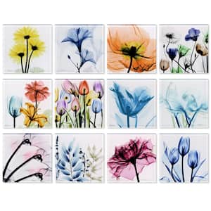 4 in. x 4 in. Each Pretty Bouquet Coasters Super White Glass Coasters with Cork Bottom Set of 12 Florals