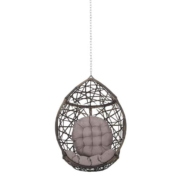 1-Person Wicker Egg Swing with Grey Cushions
