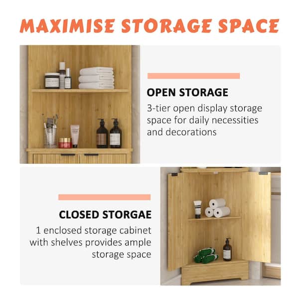 68 in. H Bamboo Corner Cabinet with Fluted Doors and Shelves, Freestanding Corner Storage Tall Cabinet, Yellow