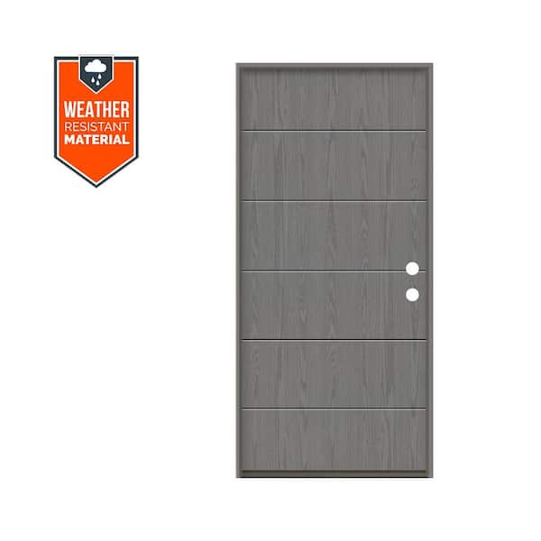 Krosswood Doors TETON Modern 36 in. x 79 in. Left-Hand/Inswing 6-Grid Solid Panel Malibu Grey Stain Fiberglass Prehung Front Door