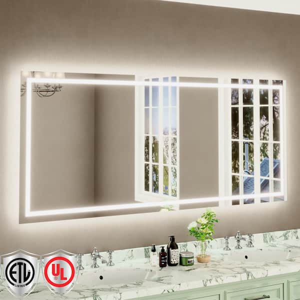 88 in. W x 38 in. H Rectangular Frameless Anti-Fog LED Light Wall Bathroom Vanity Mirror with Backlit and Front Light