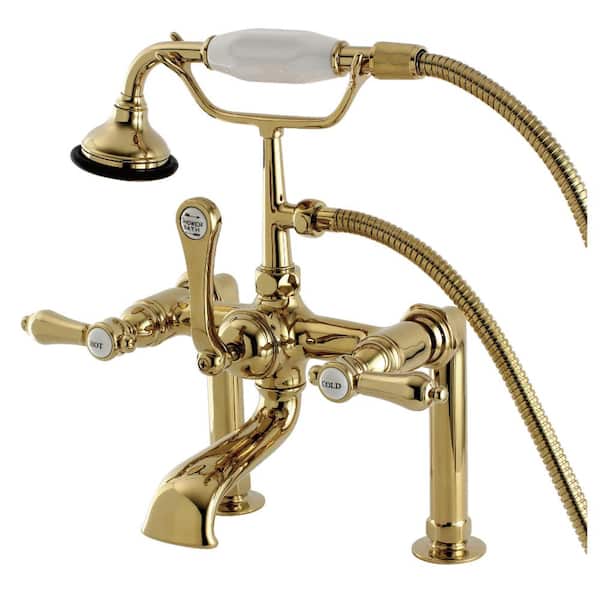 Kingston Brass Heirloom 3-Handle Deck-Mount Clawfoot Tub Faucets with Hand Shower in Polished Brass