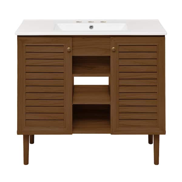 Swiss Madison Bron 36 in. Freestanding Bathroom Vanity in Brown Oak with White Ceramic 3-Hole Widespread Sink Top