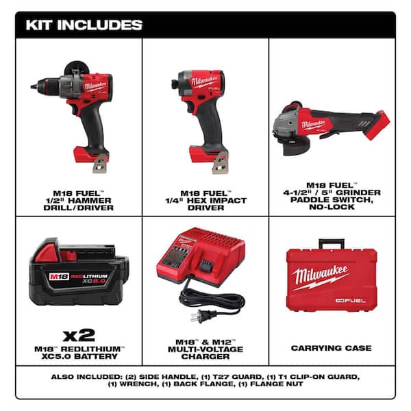 M18 FUEL 18-Volt Lithium-Ion Brushless Cordless Combo Kit 2-Tool with 2 Batteries Charger 4-1/2in. to 5in. Grinder