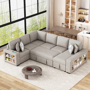 109 in. Beige Chenille Twin Size Pull-Out Sofa Bed U-Shaped Sectional Sofa with Built-in Storage, USB Ports, 4 Pillows