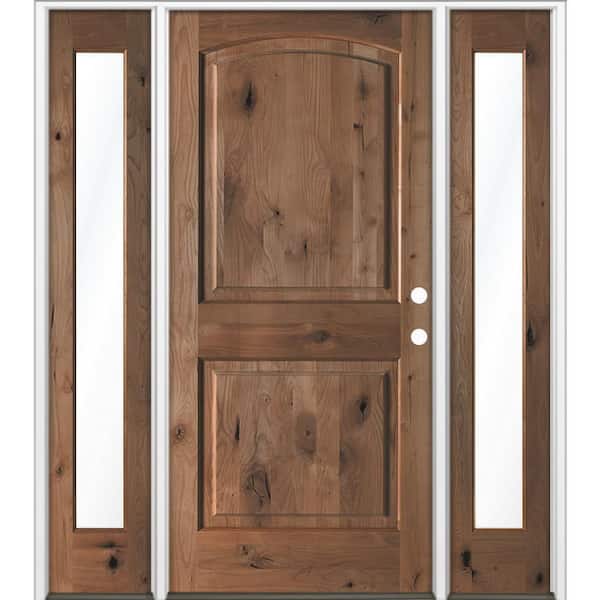 70 in. x 80 in. Knotty Alder 2Panel Arch-Top Left-Hand/Inswing Clear Glass True Black Stain Wood Prehung Front Door DFSL