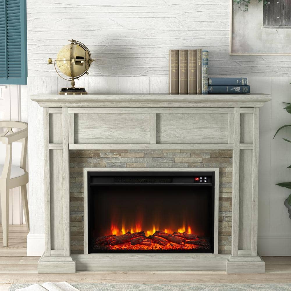 48'' Light Gray Freestanding Electric Fireplace with Realistic Flame