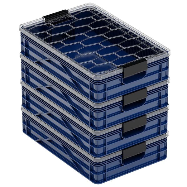 Quarter Crate 4-Pack Heavy Duty Stackable Storage Bins with Lids and Dividers Navy Blue