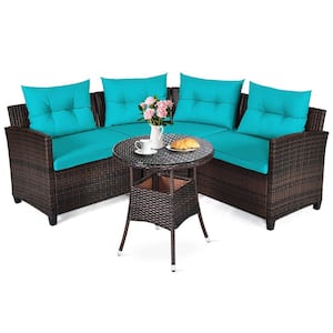 4-Piece Wicker Rectangular Patio Conversation Set with Turquoise Cushions