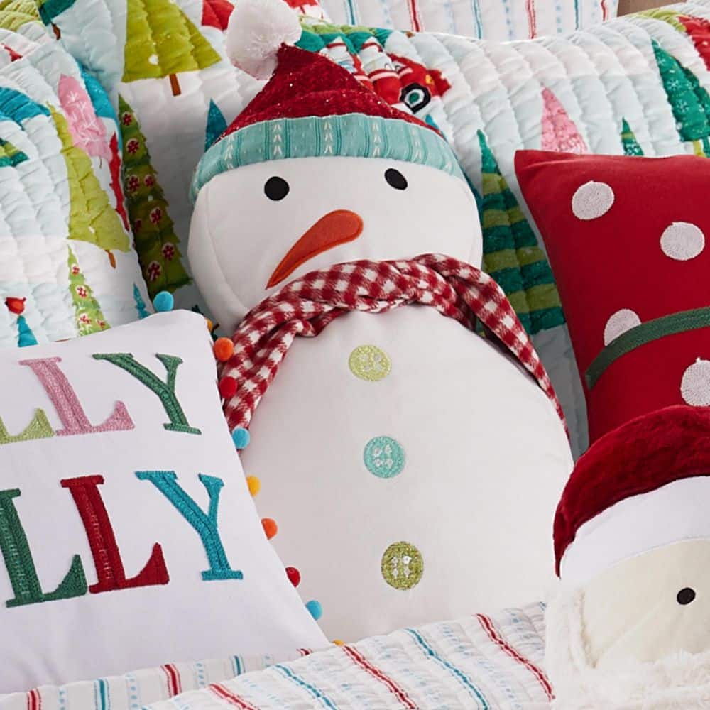 Merry & Bright Embroidered Snowman Pillow with Red Scarf