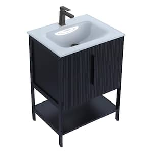 24 in. W x 18 in. D x 33.5 in. H Bath Vanity in Matte Black with Glass Single Hole Top with Black Hardware