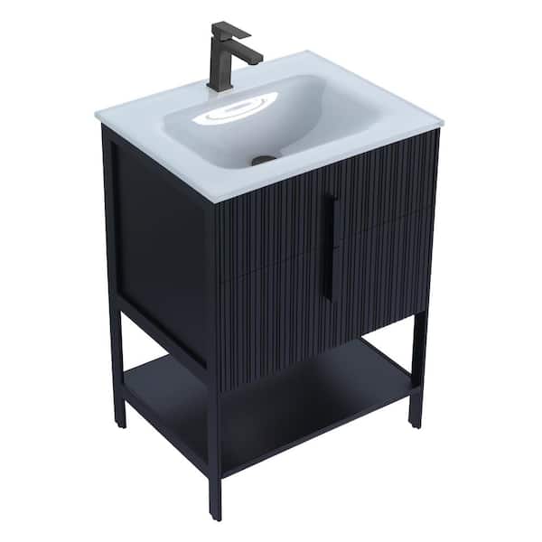 FINE FIXTURES 24 in. W x 18 in. D x 33.5 in. H Bath Vanity in Matte Black with Glass Single Hole Top with Black Hardware