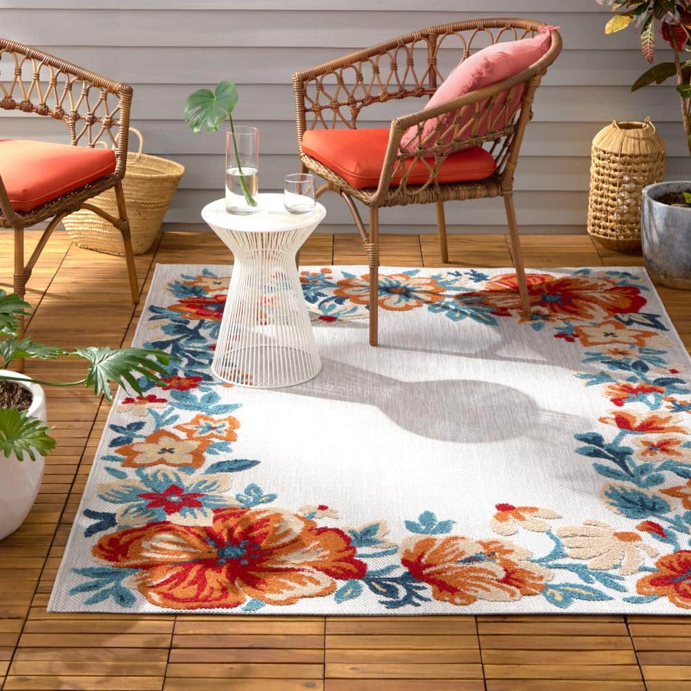 Hibiscus Bloom Border Grey Red Blue Floral Rectangular Rug
