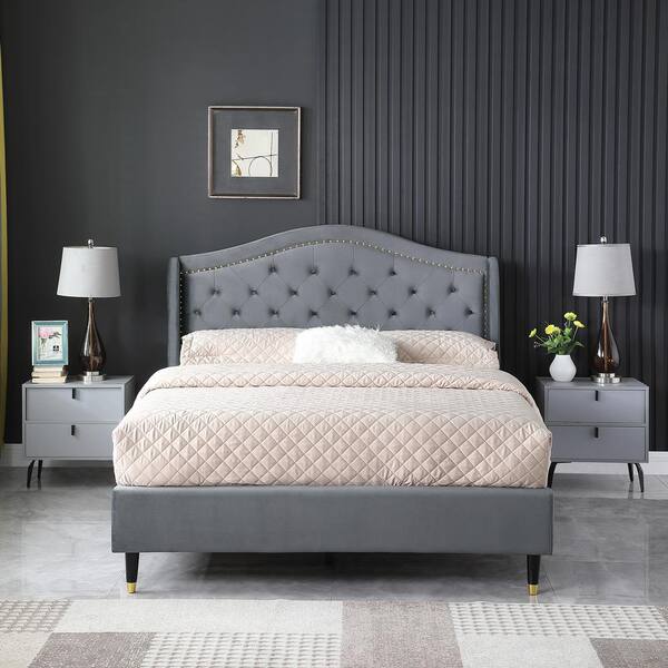 Morden Fort 74 5 In Grey California King Bed Frame Wood Platform With Headboard No Box Spring Required Easy Assembly 1004 Ck Headboard No Box Spring, Diy King Bed Frame No Box Spring