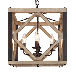 4-Light Rustic Wood Farmhouse Chandelier with Distressed Wood and Aged Iron