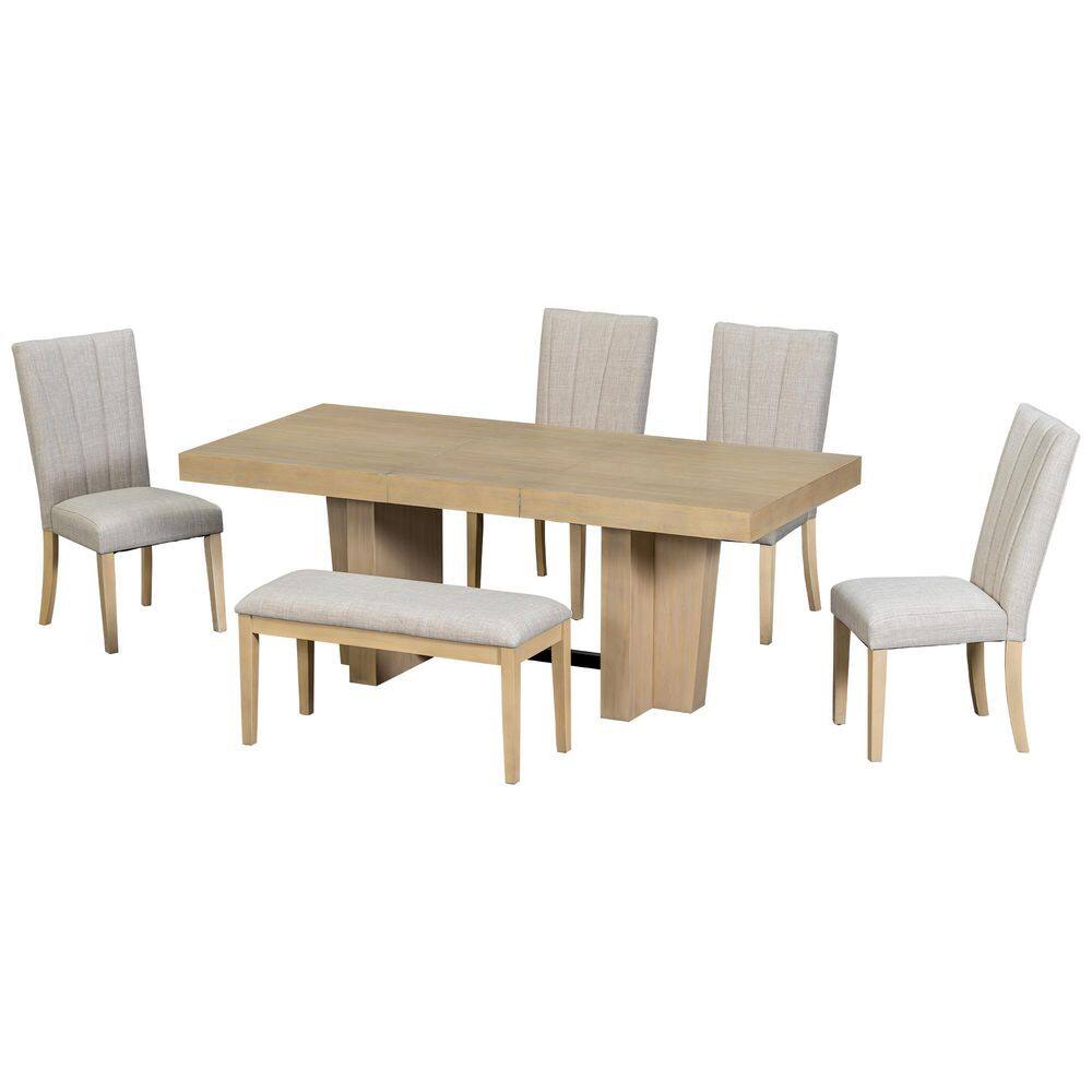 Natural 6-Piece Extendable Wood Dining Table Set with Bench and 4 Chairs