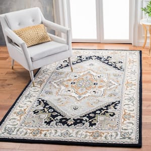 Heritage Gray/Navy 8 ft. x 8 ft. Border Floral Medallion Square Area Rug