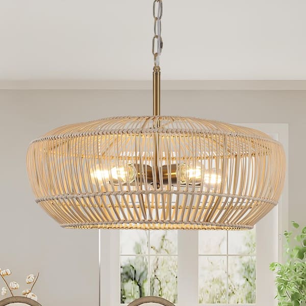 5-Light Gold Modern Bohemian Rattan Chandelier Light with Woven Shade
