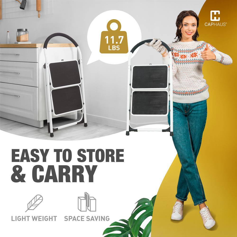 White 2-Step Folding Ladder with Anti-Slip Pedals