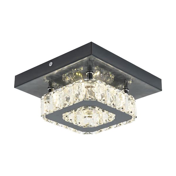 OUKANING 7.87 in. 1-Light Black Modern Crystal LED Semi-Flush Mount Ceiling Light with Clear Crystal Shade, 4000K Warm White