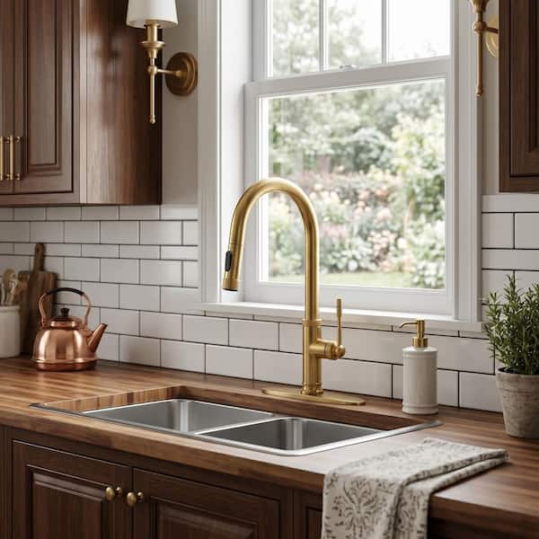 Single Handle Pull Down Sprayer Kitchen Faucet with Advanced Spray in Brushed Gold