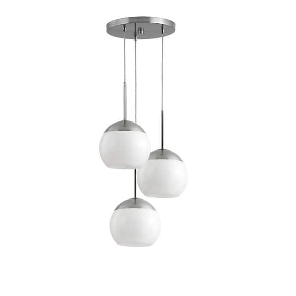 HomeGlam Metro 3-Light Brushed Nickel Pendant Light with White Glass Shade