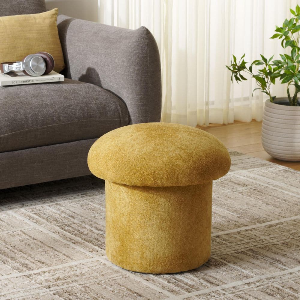 Dreid Mustard Linen Round Accent Ottoman