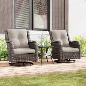 3-Piece Wicker Swivel Outdoor Rocking Chairs Patio Conversation Set with Beige Cushions