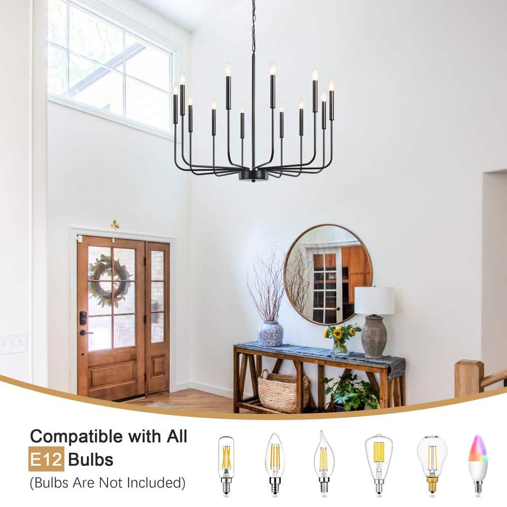 Matte Black 12-Light Candle Style Chandelier