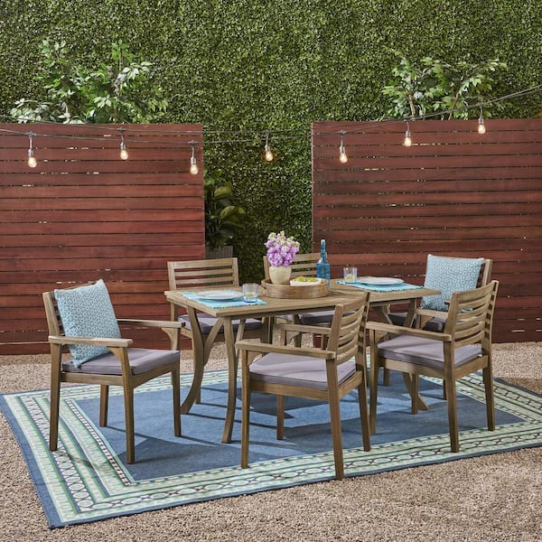 Noble House Casa 30 in. Grey 7-Piece Wood Rectangular Outdoor Patio Dining Set with Dark Grey Cushions