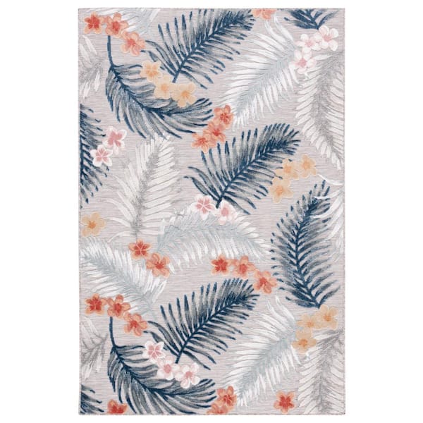 Cabana Gray/Navy 9 ft. x 12 ft. High-Low Botanical Floral Indoor/Outdoor Area Rug