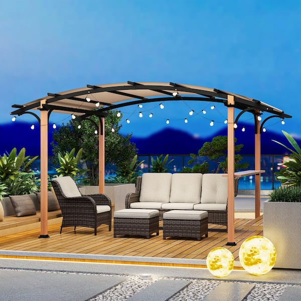 13 ft. x 8.5 ft. Steel Outdoor Patio Gazebo with Beige Shade Canopy and Bar Shelf