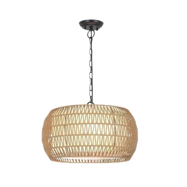 19 in. 5-Light Brown Rattan LED Semi-Flush Chandelier Light