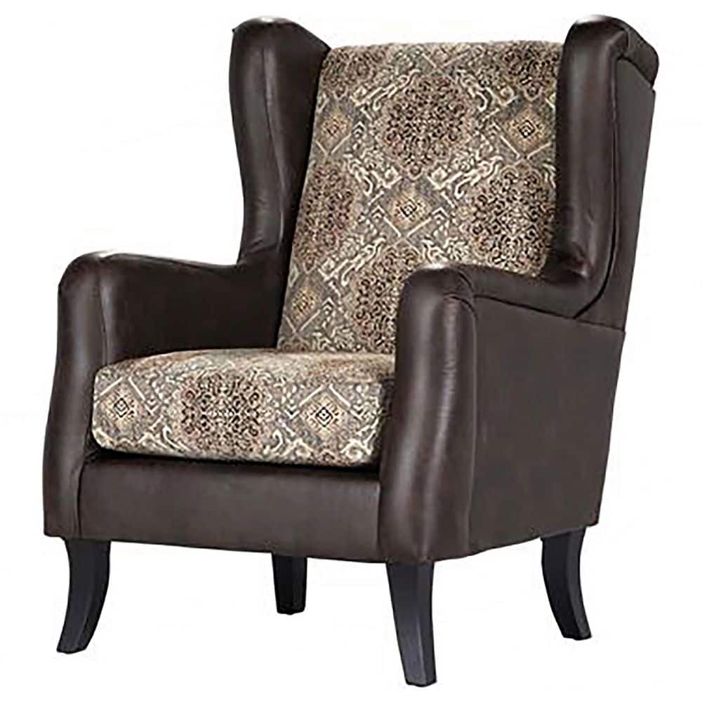 Brown Faux Leather Wingback Accent Chair with Jacquard Pattern