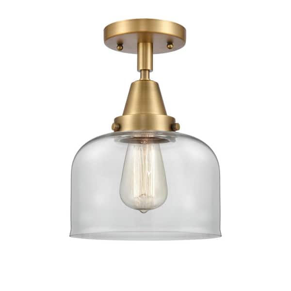 Bell 8 in. 1-Light Brushed Brass Industrial Flush Mount with Clear Glass Shade