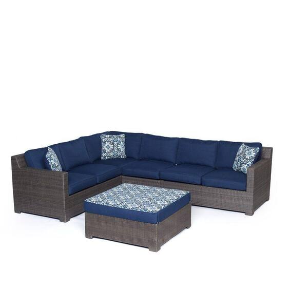 Hanover Metropolitan Grey 5-Piece Aluminum All-Weather Wicker Patio Seating Set with Navy Blue Cushions