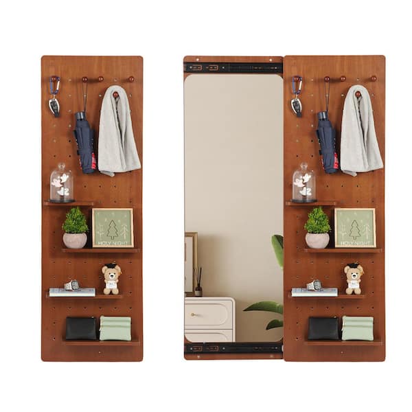 Unbranded Brown 16 in. W x 48 in. H Rectangle Wall Mounted Full Length Mirror with Shelf, Hook and Multifunctional Design Panel