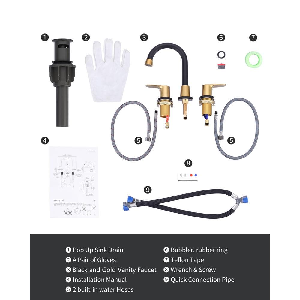 Matte Black and Gold Widespread Bathroom Faucet with High Arc Spout