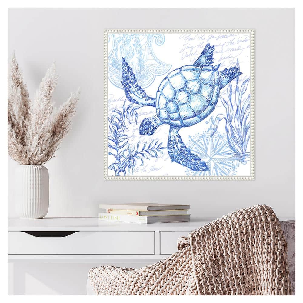 Coastal Sketchbook Turtle Blue Ink Canvas Wall Art with White Frame