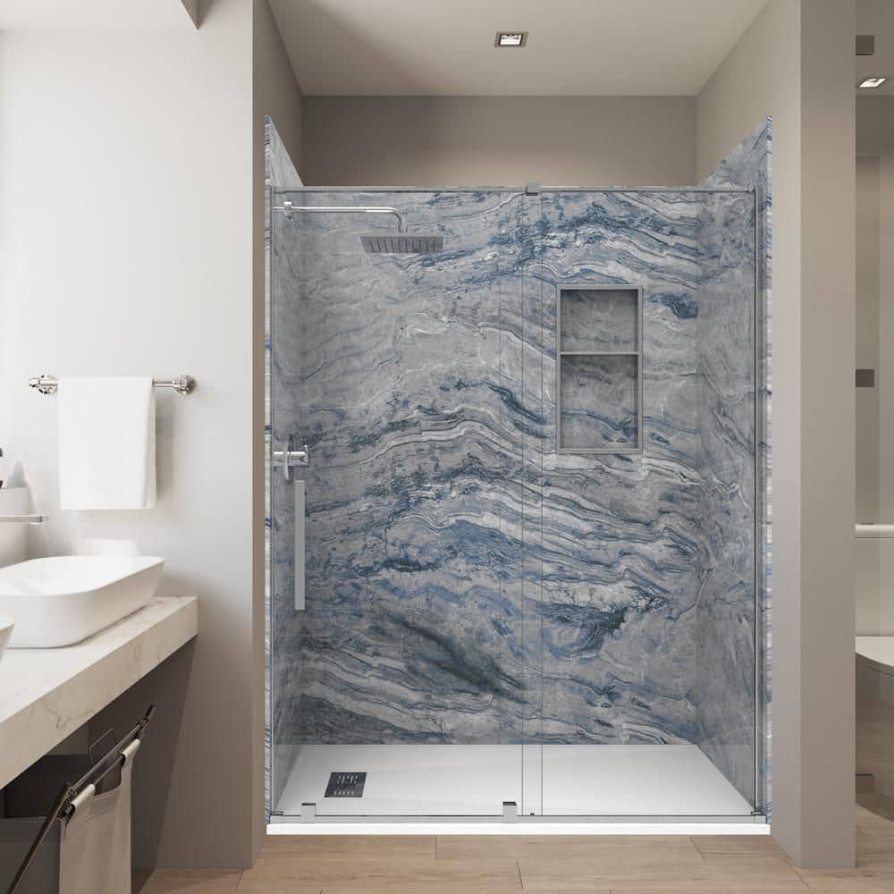 Nacarado Blue 32in. x 60in. x 84in. Combo Solid Composite Stone Alcove Shower Kit Matching Chrome Door, Niche & Drain price history on PriceWatchPro