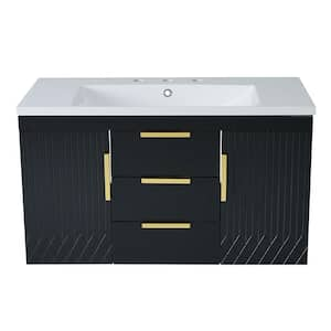 36 in. Wall Mounted Black Bath Vanity with White Resin Sink Top, Floating Storage Cabinet with 2 Drawers, 2 Doors