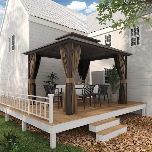 INMITOM 10 ft. x 12 ft. Aluminum Hardtop Gazebo with Double Galvanized Steel Roof, Netting and Curtains for Patio and Backyard