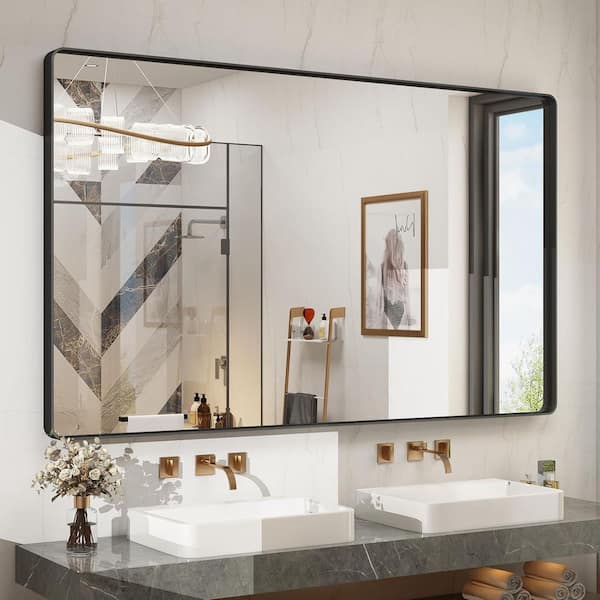 55 in. W x 36 in. H Rectangular Framed French Cleat Wall Mounted Tempered Glass Bathroom Vanity Mirror in Matte Black