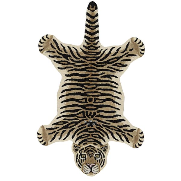 Jungle Tiger Gold and Black 3 ft. x 5 ft. Modern Tufted Animal Print Wool Specialty Indoor Accent Area Rug