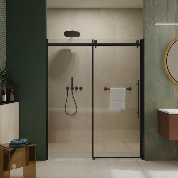 60. in W x 72. in H Frameless Shower Door Single Sliding 1/4 in Clear Tempered Door with Stainless Steel Handle Black