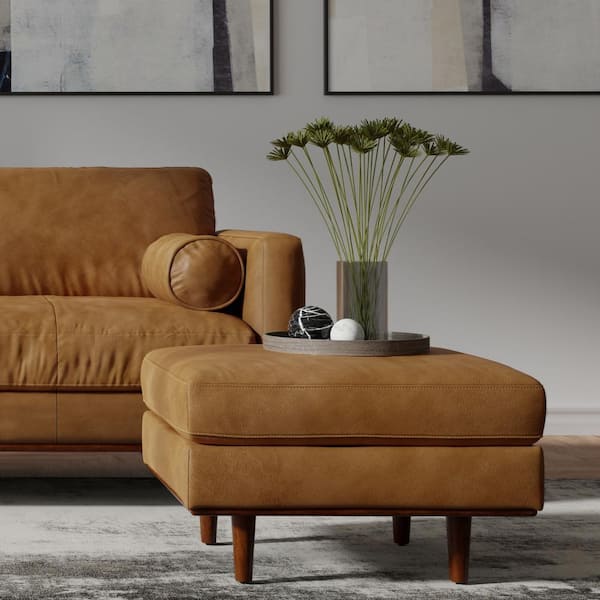 Simpli Home Morrison 33 in. Wide Mid-Century Modern Mid Century Genuine Leather Ottoman in Sienna Genuine Leather, Assembled