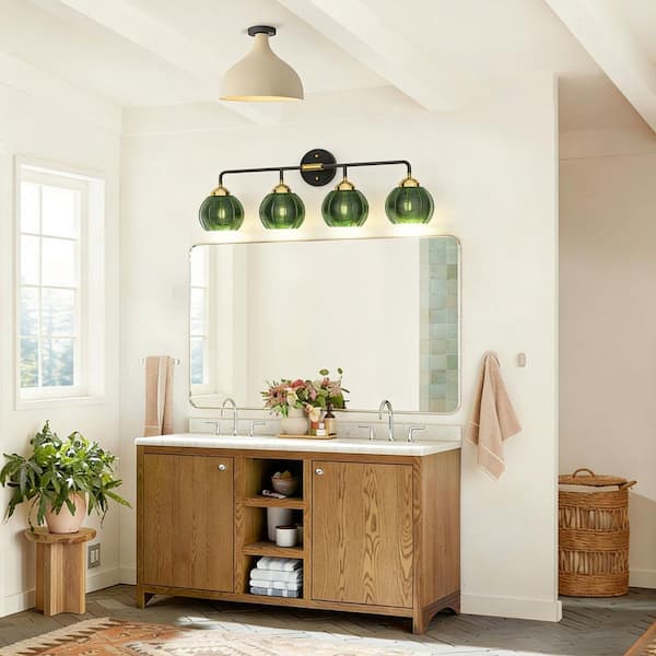 Wellspeed Orbe 4 Light Vintage Vanity Light with Green Glass
