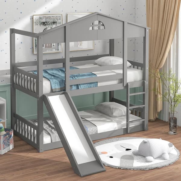 Harper & Bright Designs Gray Twin Wood House Bunk Bed with Convertible Slide and Ladder